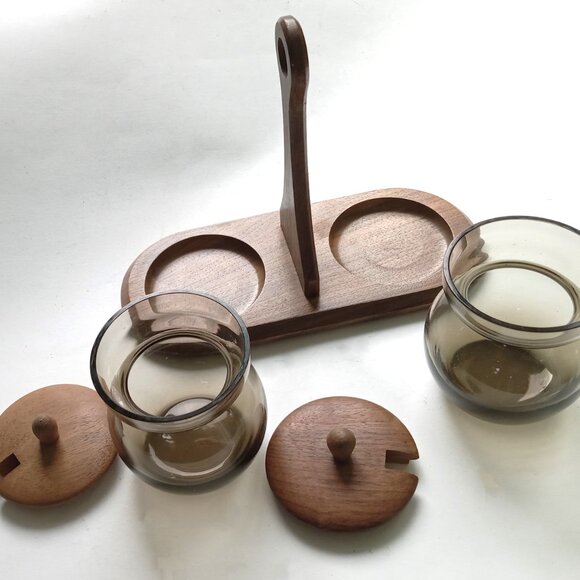 VTG MCM Betula Wood Teak Condiment Set Smoky Glass 2 Jam Jars with Tray England - Picture 3 of 8